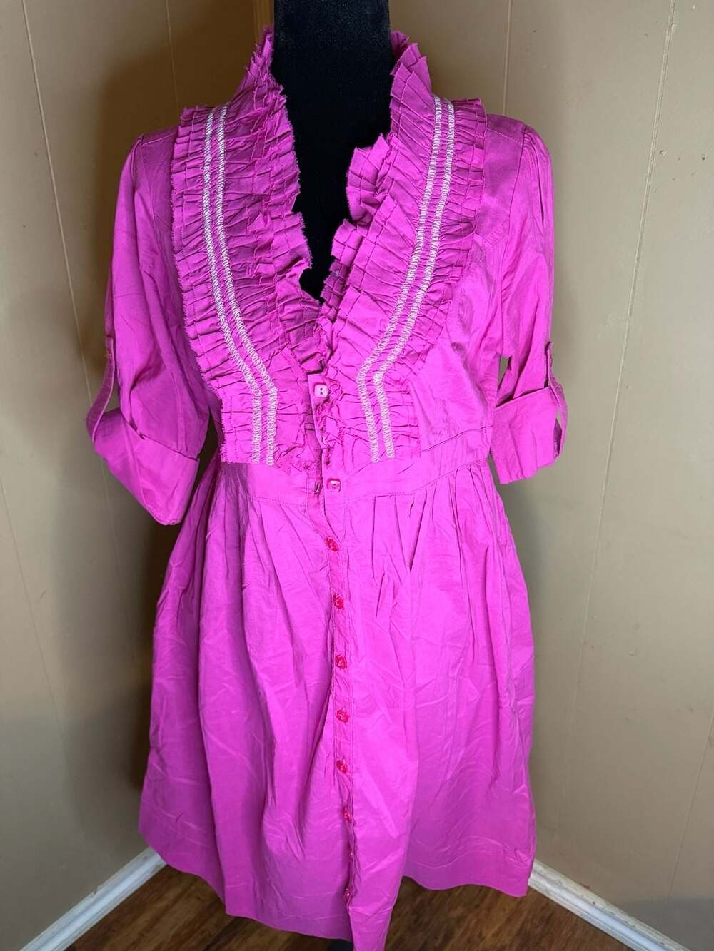 Love Stitch Fuchsia Ruffle Button Up Shirt Dress Bloom Style